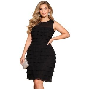 S.L. Fashions Beaded Shear Black Ruffle Tiered Cocktail Dress Plus Size 16